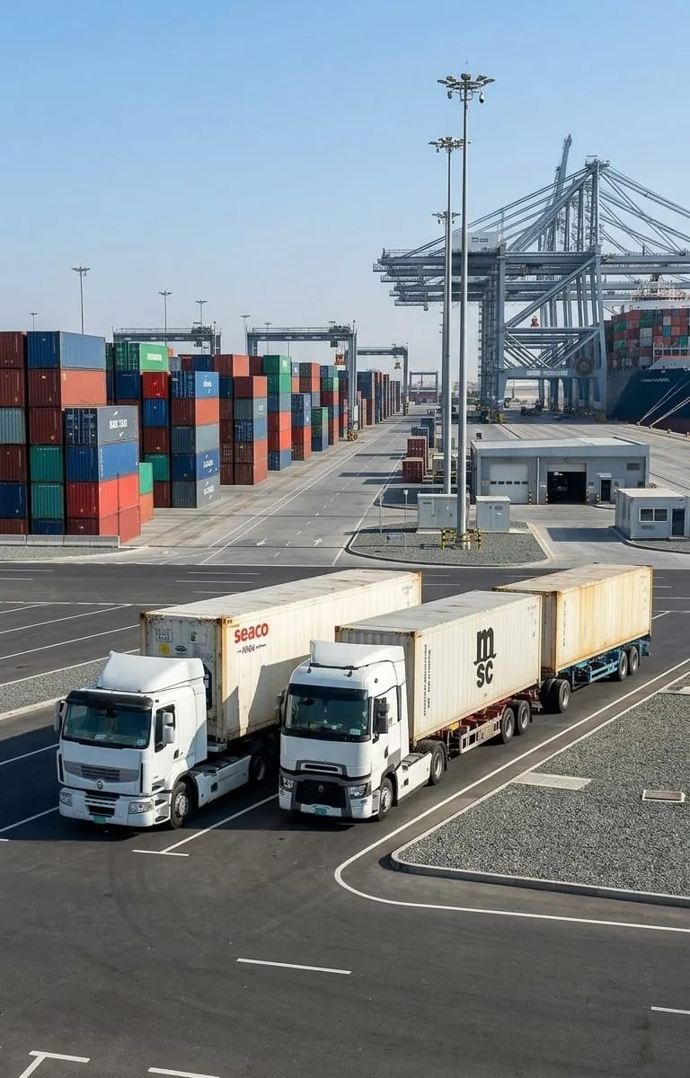 VRL container trucks at a port container terminal